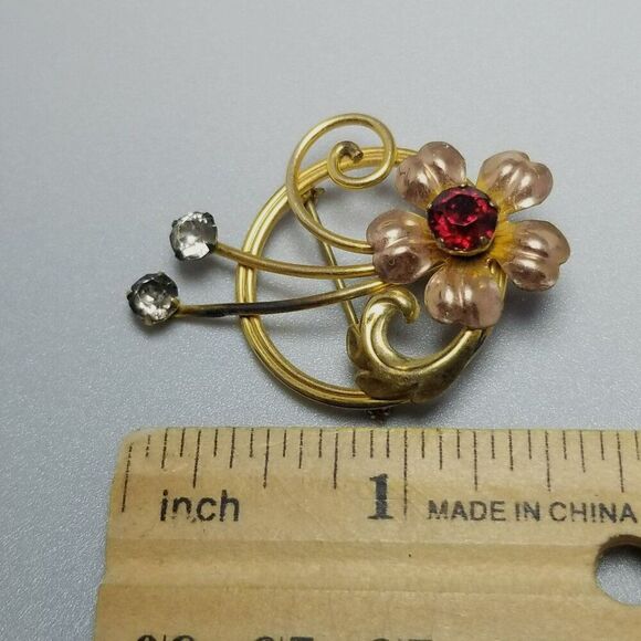 Vintage Van Dell 12k Gold Filled Red Rhinestone Flower Brooch Lapel Pin, Estate - Picture 6 of 8